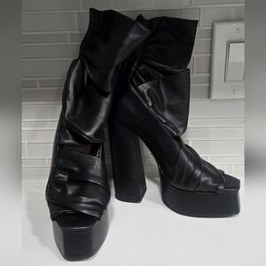 Black Faux-Leather Platform Block Heel Sandals - Women's